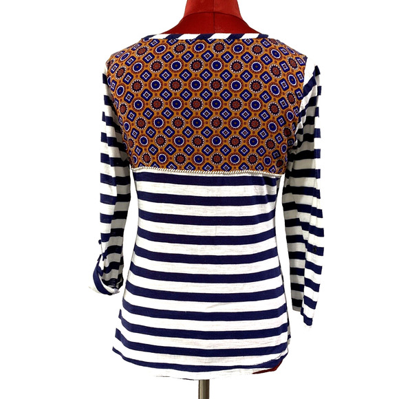 Anthropologie Postage Stamp Shirt Navy Striped Size M Roll Tab Sleeves Boho Chic - Picture 7 of 10